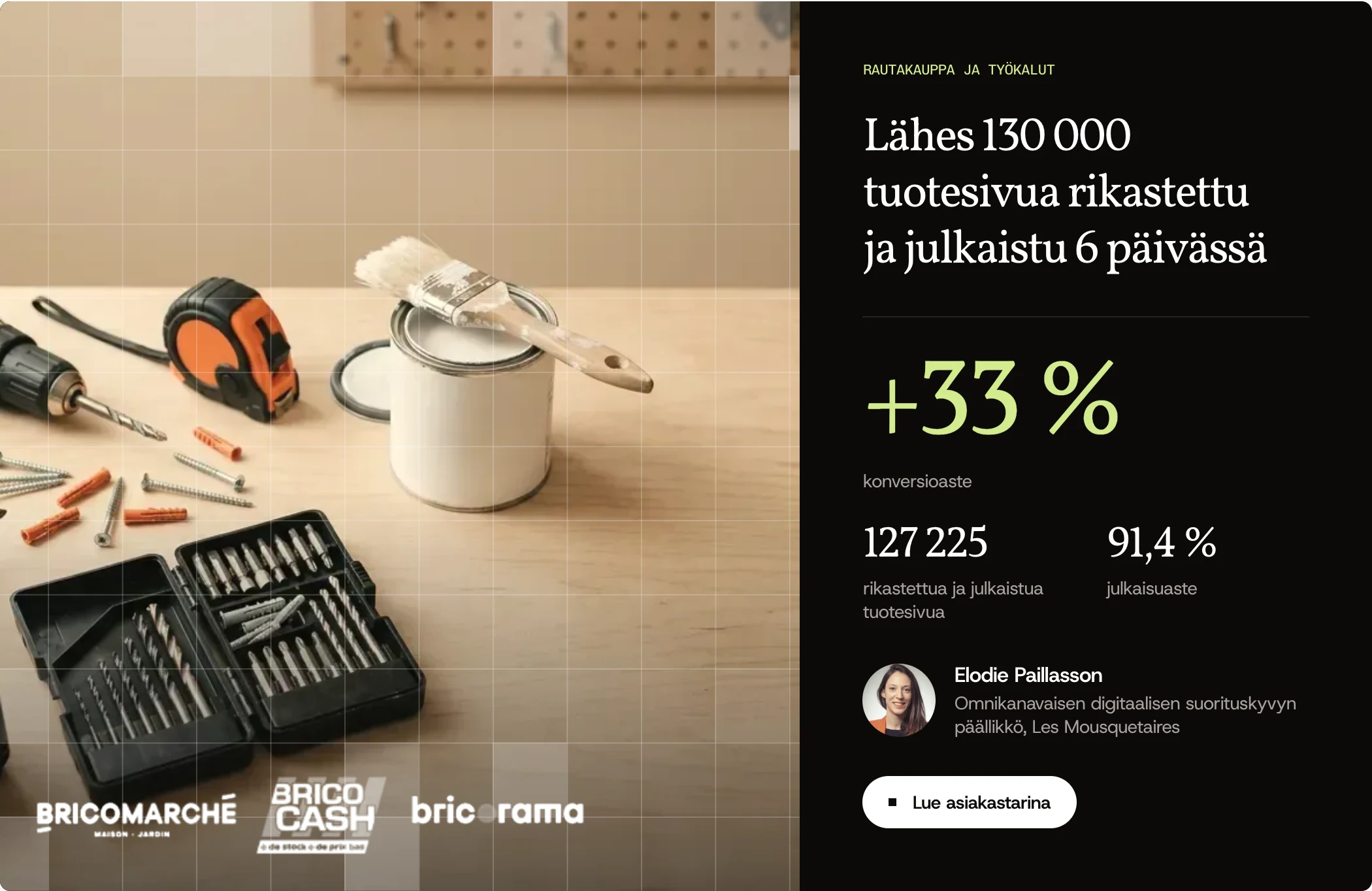 Les Mousquetairesin asiakastarina: lähes 130 000 tuotesivua rikastettu ja julkaistu 6 päivässä, konversioaste +33 %. Lue asiakastarina