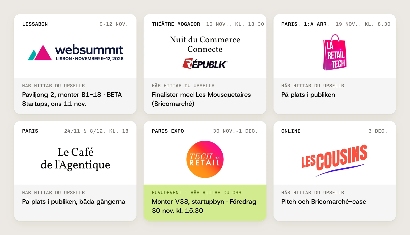 Vår kalender: Web Summit, Lissabon, 9-12 nov., BETA Startups, Paviljong 2, monter B1-18, onsdagen den 11 november. Nuit du Commerce Connecté, Théâtre Mogador, 16 nov. kl. 18.30, finalister med Les Mousquetaires (Bricomarché). Les Jeudis de La Retail Tech, Paris, 1:a arrondissementet, 19 nov. kl. 8.30, på plats i publiken. Le Café de l’Agentique, Paris, 24 nov. och 8 dec. kl. 18, på plats i publiken. Tech for Retail, Paris Expo, 30 nov. till 1 dec., monter V38 i startupbyn och ett föredrag den 30 nov. kl. 15.30. Les Cousins, online, 3 dec., pitch och Bricomarché-case